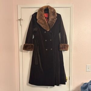 Vintage Drizzle Brown Velvet Belted Coat with Faux Fur Trim – Women’s Small